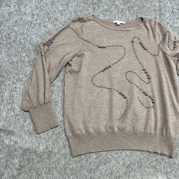 Chicos Sweater Womens Large Taupe Beaded Embellished Boat Neck Balloon Sleeve - Picture 5 of 14